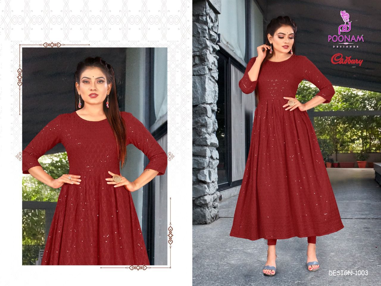Poonam Gown Cadbury Rayon Lucknowi Ethnic Wear Fancy Anarklai Kurti Collection